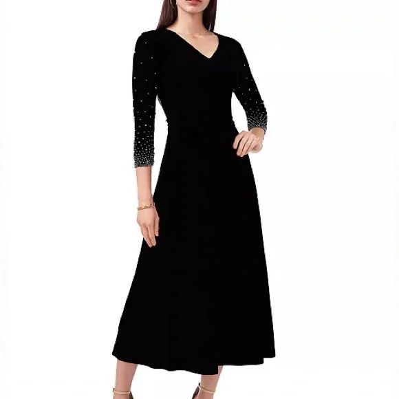 MSK Black Midi Dress with Pearl Embellished Sleeves β Size L (Worn Once) - Picture 4 of 9